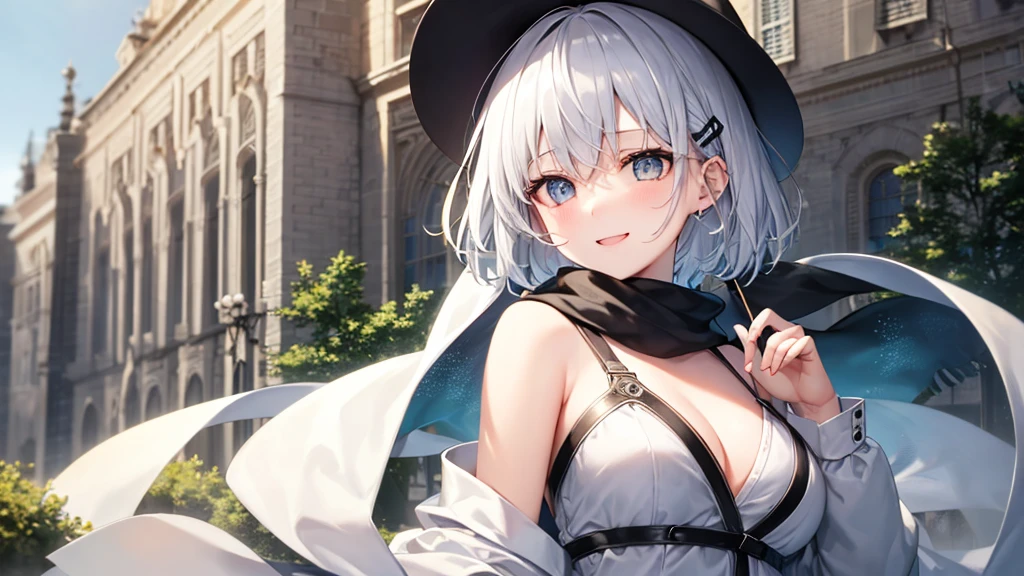 Her eyes were shining、Mysterious and enchanting atmosphere。With AI Painting、とてもShort Hair, Long bangs between the eyes, Very detailed,(masterpiece、Highest quality)、alone、Gray Hair、Fantasy, Silver Hair, Fantasyな風景、White shirt、smile、Open your mouth、Scarf、short hair、Short Hair、hairpin、black eye、Grey Eyes、Beautiful Eyes