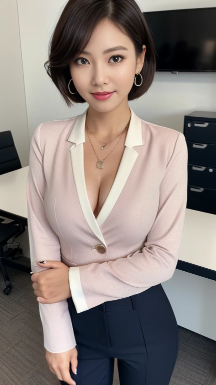 Front view,  (Full- body:1.3), standing ,(open stance) on floor , in enterprise office , Gorgeous Young Korean Woman, 1 girl, 35 yeas old,　(short hair, brown hair, fringe, single eyelid, Thin outer eyebrows, Small eyes、Eyes are small compared to the face, Narrow face, Tears,　red lip, little smile), (Pink finger nails )(metal earring, metal neckless, Lady's watch ),( Chest visible, middle breasts, middle hip, public hair) (Navy blue Business Suit , Navy blue Business pant, white blouse,  black Hi-heals ), noon, UHD, accurate, anatomically correct, textured skin, super detail, high details, high quality, best quality, 4K
