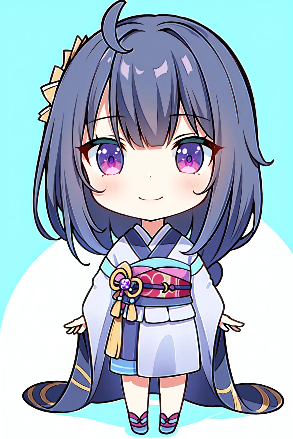 (masterpiece, best quality, highres, 8k:1.3),   1girl, solo, long hair, One braid hair, purple hair, Hair ornament, purple eyes, kimono, standing, chibi, smile, detail color, detail skin Cristal, Glowing skin,