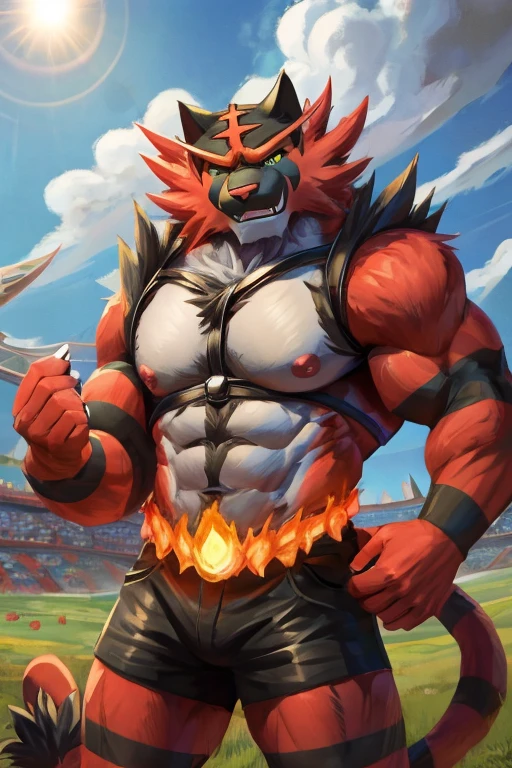 Pokemon,Incineroar,furry,tiger,Feline,male,Adults,Solitary,4K,HD quality,Best quality,Looking at the audience,,Upper body exposed,,Bare chest,Hairy chest,Chest muscles, Pink nipples, Six-pack abs, Biceps, 弯曲Biceps,Fluffy tail is anatomically correct,Delicate fur,pride,Soft shadows,Majestic and detailed face,High quality eyes,blue eyes,Orange eyes,Sharp eyes,Grandiose,brave,,Confident smile,Strong,Mature,black leather shorts,harness,Blue sky and white clouds,The sun shines,grassland