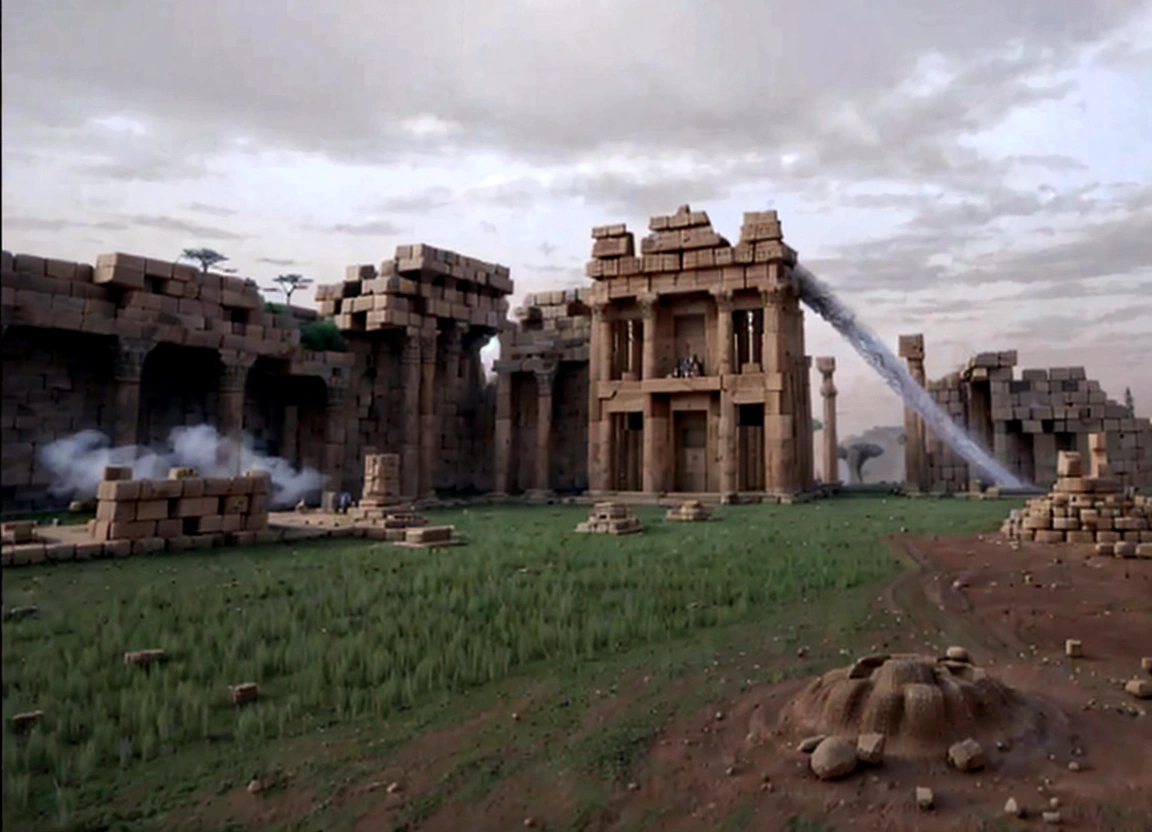 A highly developed civilization builds Baalbek, giant extraterrestrial beings performing a ritual, a celestial singularity, energy fields