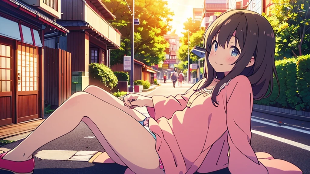 Tanuki girl,  Tanuki, kawaii, On the streets of Tokyo, sunset, Sun rays, magical lighting, Akihabara, in cute short dress, undies visible, visible panties, smiling, blush, shy pose, kawaii traje, beautiful hair, looking away short skirt lifted show panties NSFW legs open