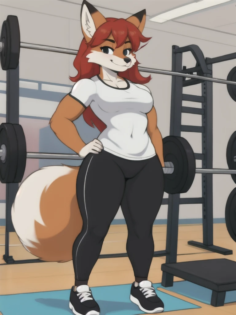 Furry, fox, female, white shirt, black leggings, shoes, gym, teen, standing, full body