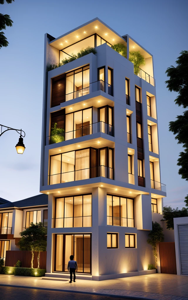 Perspective of a modern house with a large enough front yard, main materials are light yellow walls, stone and wood, a road running in front of the house, (RAW photo, real, best quality, masterpiece: 1.2), current view modern minimalist, 1 street in front of house, shime ring light, indoor brightness:1.2, dynamic lighting:1.3, (hyper-realistic, photo-realistic:1.2), high quality, daylight, contrast high:0.5 perfect light, Archdaily, contemporary masterpiece award, award winning contemporary, beautifully designed masterpiece, spacious modern mansion, modern neo-traditional, wide angle exterior 2022 , mid-century modern, contemporary home, stylish modern feel, long front view, award-winning modern design, stunning lines, residential, exquisite details, indoors gently:1.3