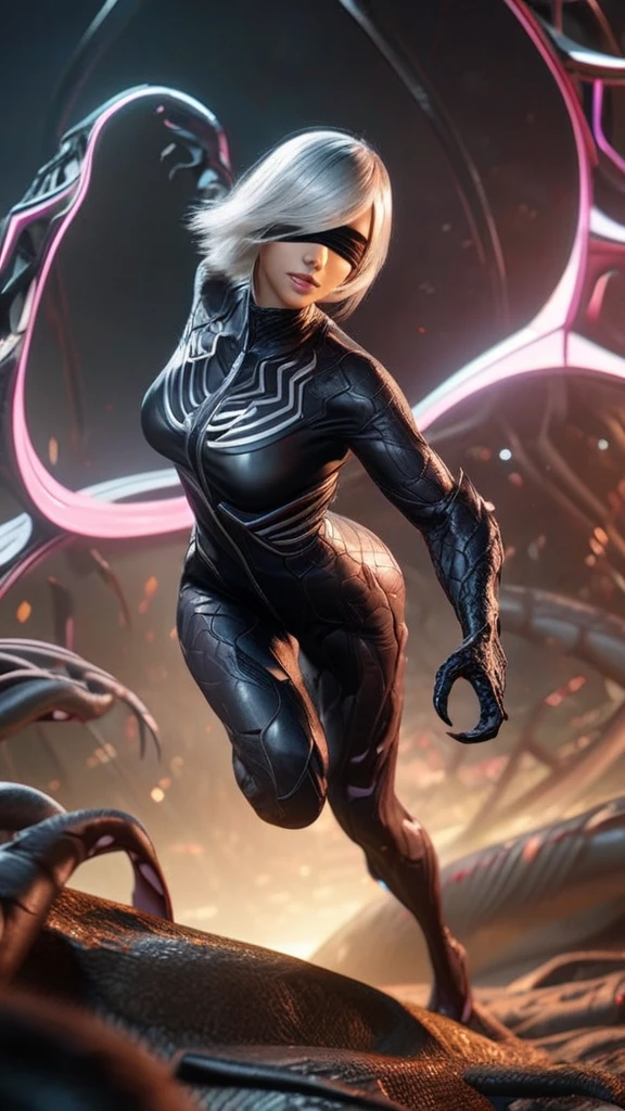 Epic CG masterpiece, hdr,DTM, full ha,8K, ultra detailed graphic tension, dynamic poses, stunning colors, 3D rendering, Surrealism, cinematic lighting effects, Realism, 00 renderer, super realistic, Super view, super wide Angle, HD
blury background,automata inspired、Nier Automata Characters、Nier Automata Cosplay、(High Resolution、4K、highest quality) Inspired by Nier、A girl in a black outfit holding a sword: Automata。Girls、((Both eyes are completely covered with a black blindfold.))、Delicate and beautiful silvery white short hair、Beautiful detailed lips、And has a highly detailed face with fine skin texture。,symbiote,The girl&#39;s black outfit is made of shiny leather material.、Gives a stylish and futuristic look。In his hand he holds a silver sword、Reflecting sunlight。The blade is intricately engraved、The craftsmanship shines through。Girl&#39;s hair blowing in the wind、Adds dynamic movement to the scene。The overall image is realistic and photorealistic.、Sharp focus and vibrant colors、Enhances visual impact。This artwork is from Nier : It captures the essence of Automata.、It pays tribute to the iconic character 2b.。,
depth of field,An ultrarealistic full body photo of woman in fighting venom symbiote, black venom symbiote tentacles, laying deep in dark black liquid , evil smile, evil glowing eyes, hyper realistic, 8K,
1gir, solo,lips, (shiny skin:1.5)skin tight,grey eyes,
spider web print,
