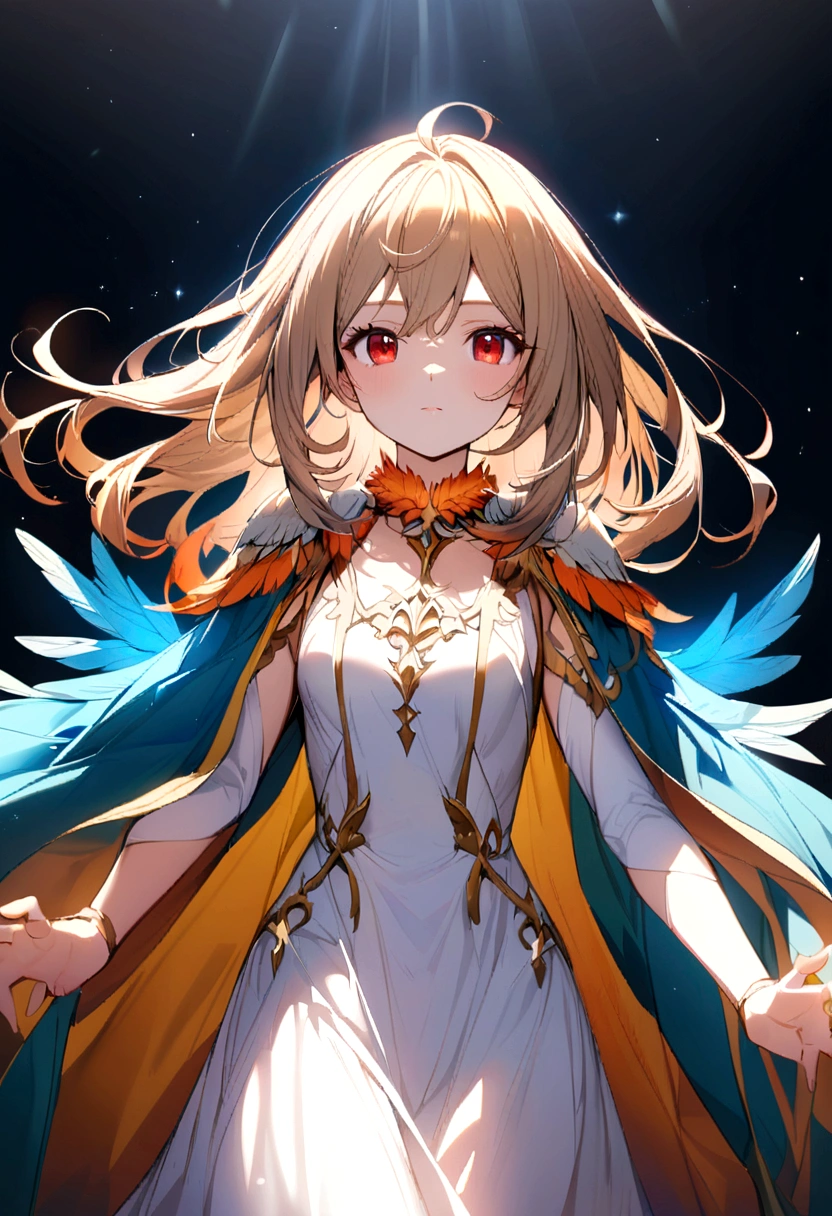 bird girl, white shoulder length hair, red eyes, orange feathered collar, white dress, blue wings instead of arms, small brown wings with yellow edges on shoulders