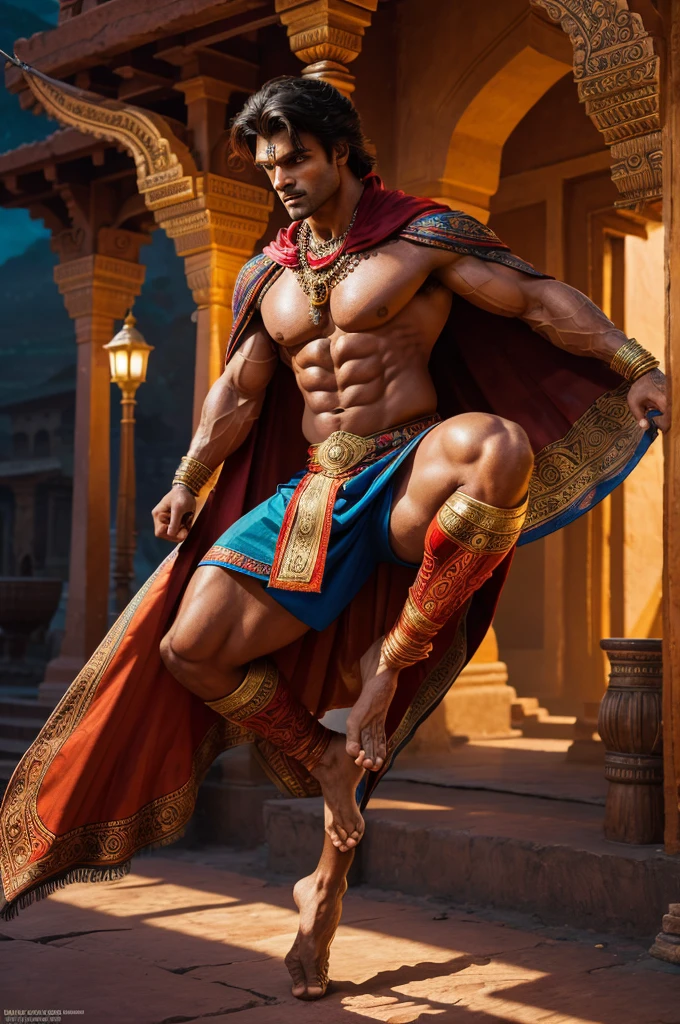 a muscular superhero in a traditional indian village, detailed face, strong chiseled jawline, piercing eyes, flowing cape, mid-air pose, ornate architecture, colorful spices and textiles, glowing light, cinematic lighting, epic fantasy, highly detailed, 8k, photorealistic