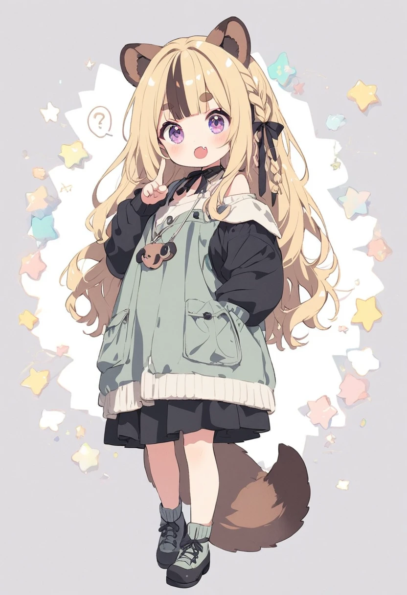 anime,(pale colors:1.8),long shot, 1girl, solo, (on right:1.3), full body, solo,question mark, pointing, fang, light yellow hair, racoon ears, racoon tail, (brown streaked hair:1.3), side braid, (blunt bangs), wavy hair,thick eyebrows, offshoulder clothes, star geometry background,