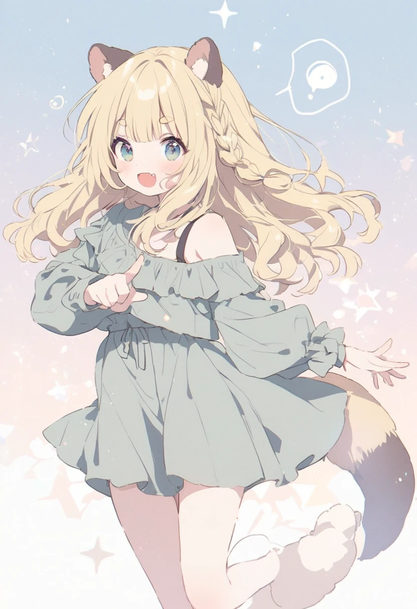 anime,(pale colors:1.8),long shot, 1girl, solo, (on right:1.3), full body, solo,question mark, pointing, fang, light yellow hair, racoon ears, racoon tail, (brown streaked hair:1.3), side braid, (blunt bangs), wavy hair,thick eyebrows, offshoulder clothes, star geometry background,