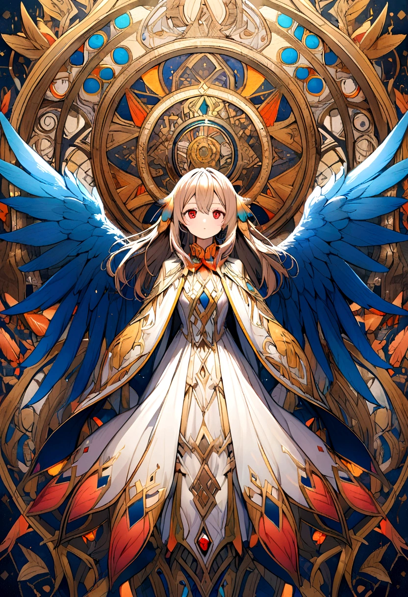 bird girl, white shoulder length hair, red eyes, orange feathered collar, white dress, blue wings instead of arms, small brown wings with yellow edges on shoulders