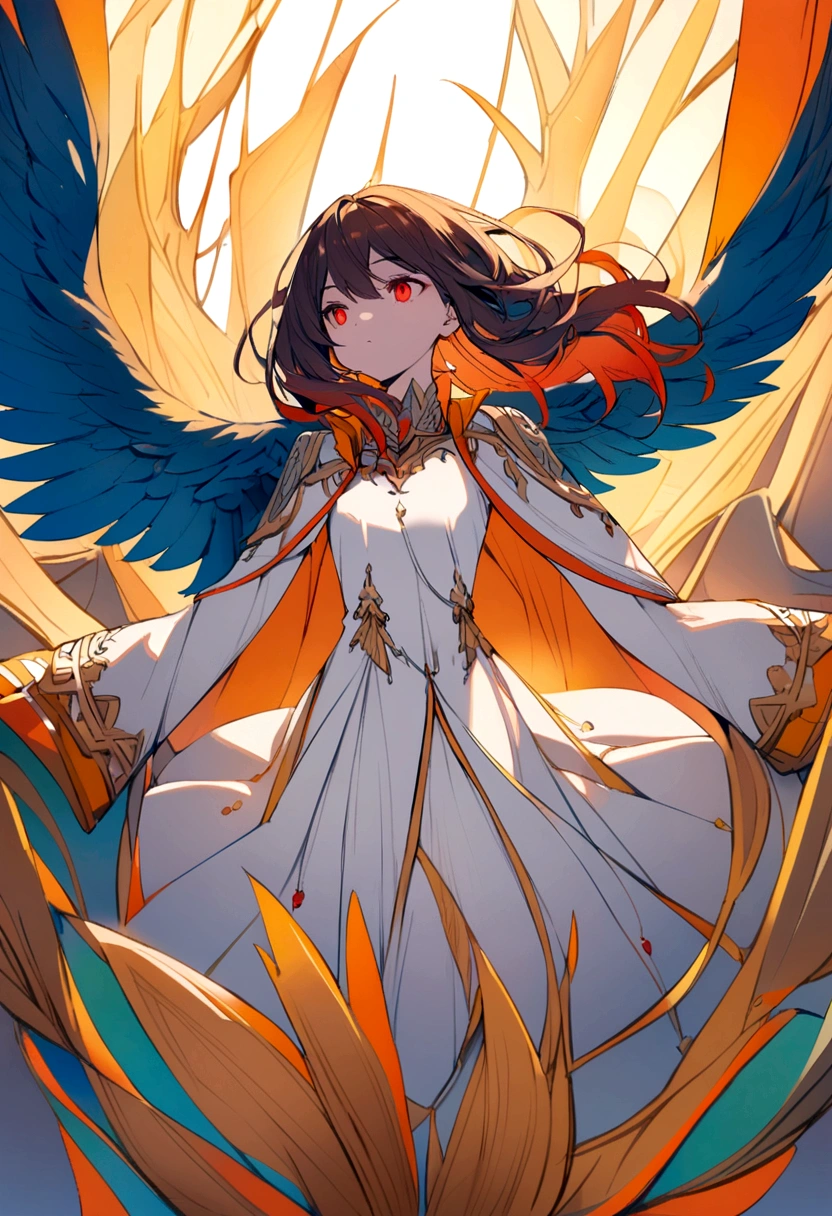 bird girl, white shoulder length hair, red eyes, orange feathered collar, white dress, blue wings instead of arms, small brown wings with yellow edges on shoulders