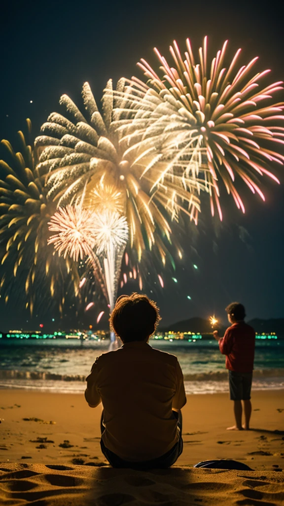 On a sandy beach in Japan on a summer night、Sitting on the sand、Two Japanese men and women watching fireworks。His back is turned towards me。Men and women in their late 20s, Men and women are so close they almost touch, but they can&#39;t。The two of them are watching the fireworks together with their backs to the camera.。No body contact。There is no one but the two of us.。
Detailed、8K、Works by professional photographers、wallpaper、Detailed Characters、detailed background、detailedLight、Delicate lighting、Nostalgic atmosphere、Film-like photo. The surroundings are dark, but the light from the fireworks spreads beautifully. Fireworks are golden。There are no fireworks on the ground。The fireworks are large