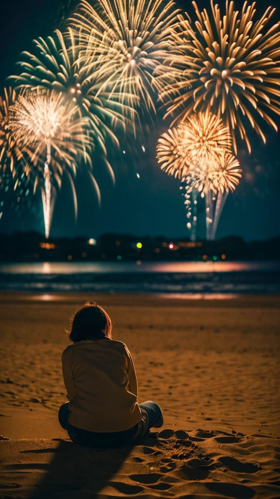 On a sandy beach in Japan on a summer night、Sitting on the sand、Two Japanese men and women watching fireworks。His back is turned towards me。Men and women in their late 20s, Men and women are so close they almost touch, but they can't。The two of them are watching the fireworks together with their backs to the camera.。No body contact。There is no one but the two of us.。
Detailed、8K、Works by professional photographers、wallpaper、Detailed Characters、detailed background、detailedLight、Delicate lighting、Nostalgic atmosphere、Film-like photo. The surroundings are dark, but the light from the fireworks spreads beautifully. Fireworks are golden。There are no fireworks on the ground。The fireworks are large
