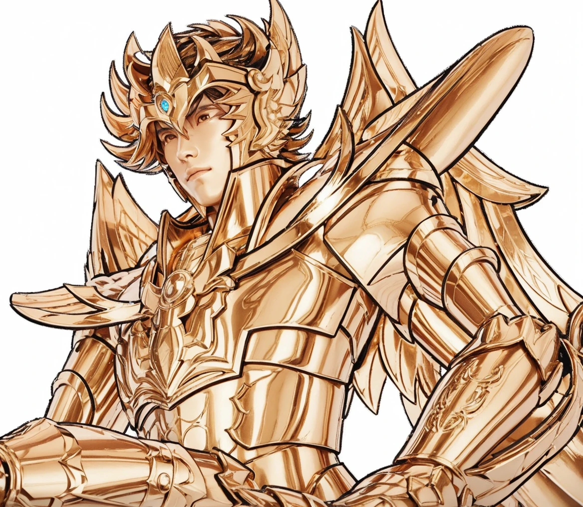 A young asian man in glossy gold armor with white outfit without sleeves underneath, Saint seiya, pegasus seiya, unreal engine saint seiya render