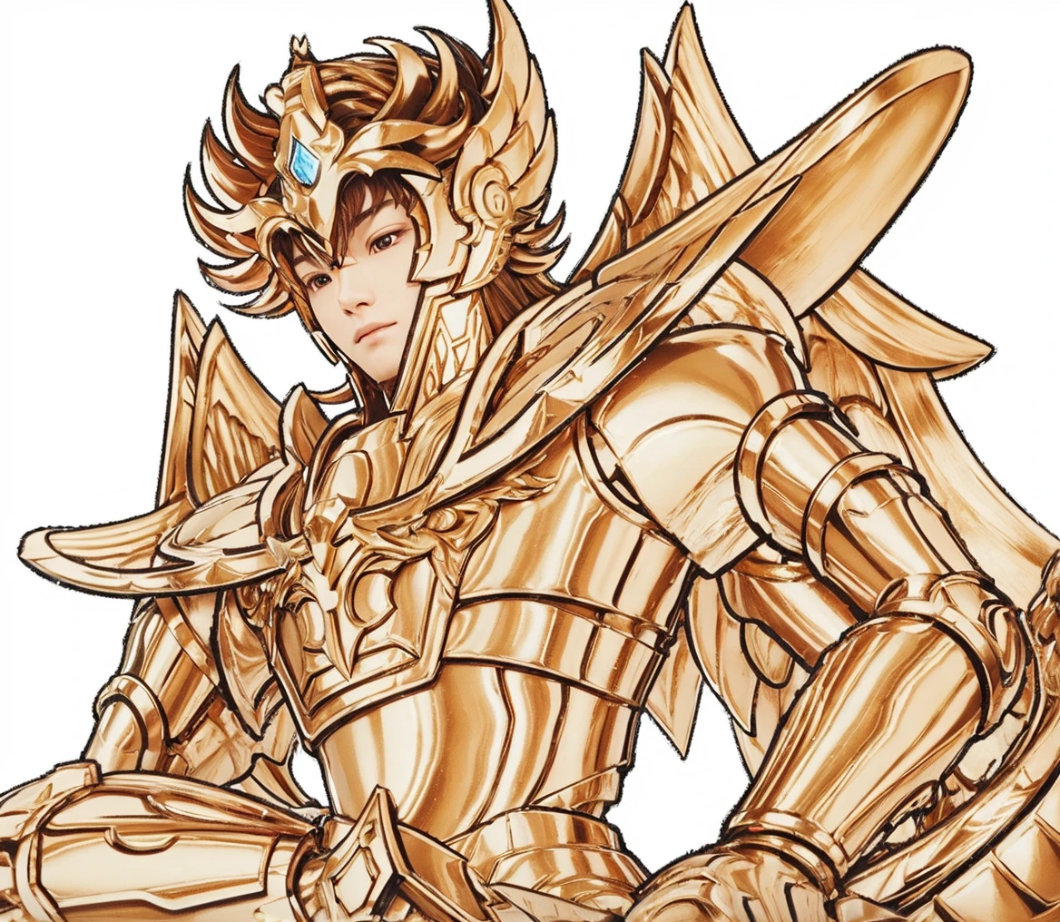 A young asian man in glossy gold armor with white outfit without sleeves underneath, Saint seiya, pegasus seiya, unreal engine saint seiya render