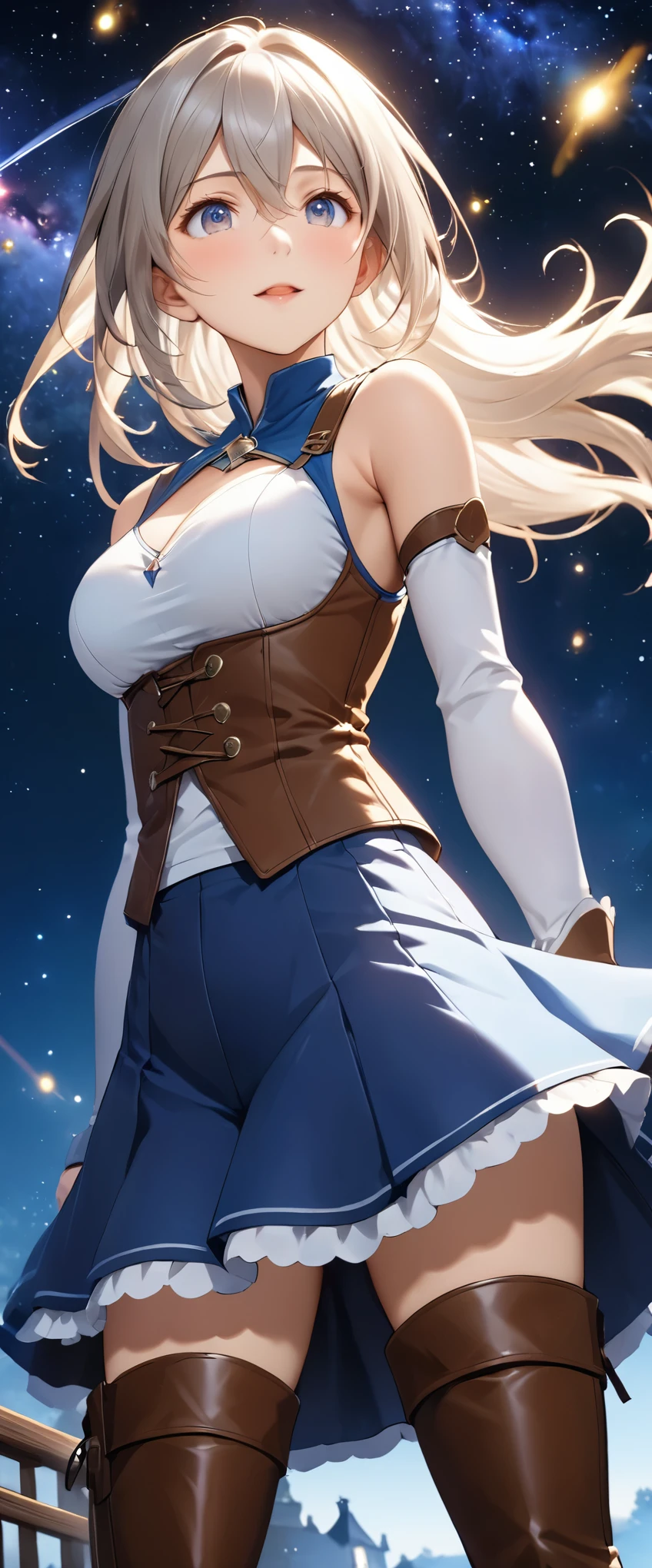 Highest quality, Super quality, 16K, Incredibly absurd, Very detailed, 2.5D, delicate and dynamic, Tavern, Small faint lights and flying fireflies, night, Starry Sky, milky way, nebula, shooting star, Extremely delicate facial expression, Delicate eye depiction, Upper body close-up, sole sexy lady, healthy shaped body, 22 years old lady, final fantacy xvi Jill Warrick, 170cm tall, big firm bouncing busts, white silver long hair, Jill Warrickのコスチューム, blue long skirt, brown leather long boots, Holding a long saber