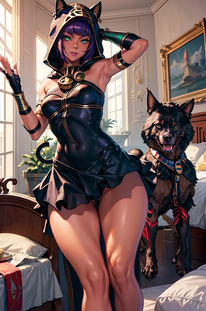 Masterpiece, best quality, absurdres, ((1girl)), , menat_holiday, light smile, dark skin, Green eyes, egyptian, bob cut, red dress, (black hood), black gloves,(shiny thighs),, , bare shoulders,sexy thighs,beautiful hip line,((solo)),,evil smile,,,in bedroom,upskirt,doggy style,parted lips,lip,ass,ass focus