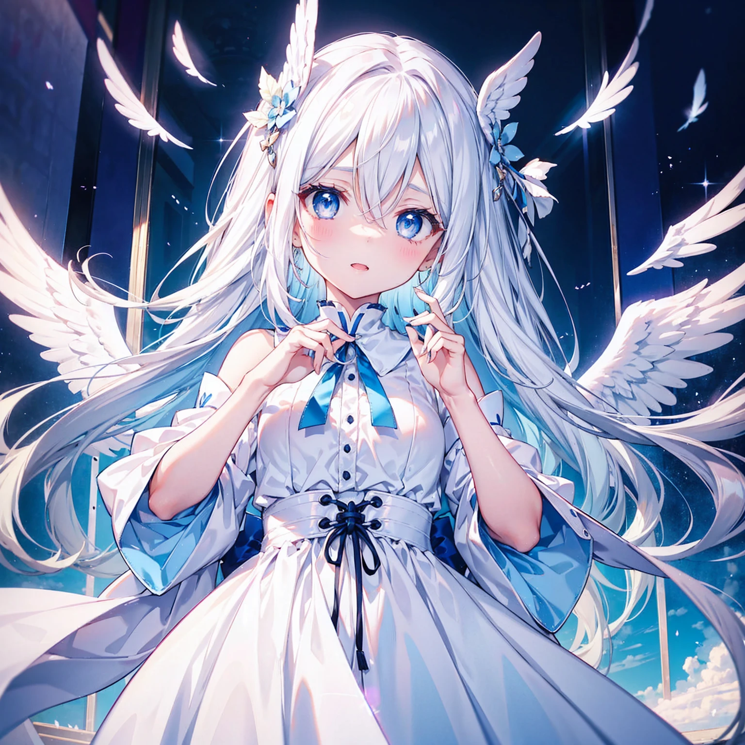 A pretty, cute girl with long white hair and blue eyes、14 Talents、Angel wings on the back、Mouth wide open and eyes wide open、comical、Bright expression、A pleasant surprise、A pure white dress, a current trend