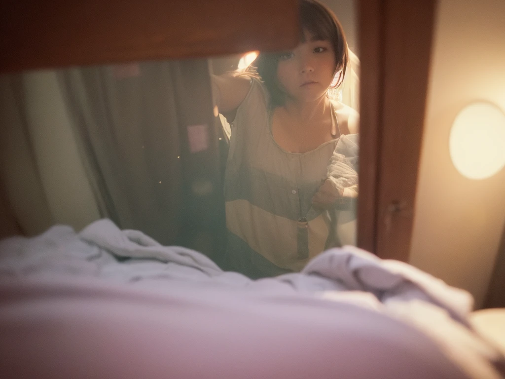 (Peephole view) , Voyeur , (old color negative film) , (soft focus) , (Bokeh:1.3) , woman , woman's messy room , (Activities of daily living) , underwear , looking away , Change underwear , Scratching the groin , behind object , bathing , twilight , dim light