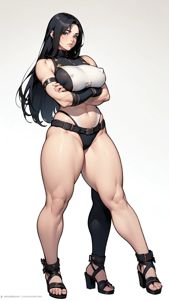 (masterpiece), best quality, female warrior, huge girl, female muscular:1.2, curvy, ((thick thighs:1.4)), (((blank background))), ((full body)), fingerless gloves, sandals, sleeveless, covered nipples, (underboobs:1.3), thin hair, crossed arms, straight hair, black hair