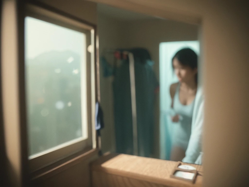 (Peephole view) , Voyeur , (old color negative film) , (soft focus) , (Bokeh:1.3) , woman , woman's messy room , (Activities of daily living) , underwear , looking away , Change underwear , Scratching the groin , behind object , bathing , twilight , dim light