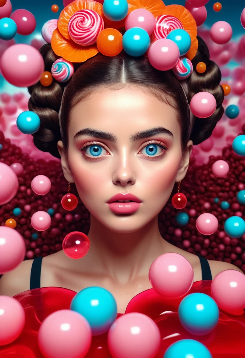 A young woman in a surreal, dreamlike environment, with beautifully detailed eyes and lips, surrounded by floating French bubble gum, inspired by the art of Frida Kahlo, masterpiece, best quality, 8k, highres, ultra-detailed, photorealistic, vivid colors, studio lighting, professional