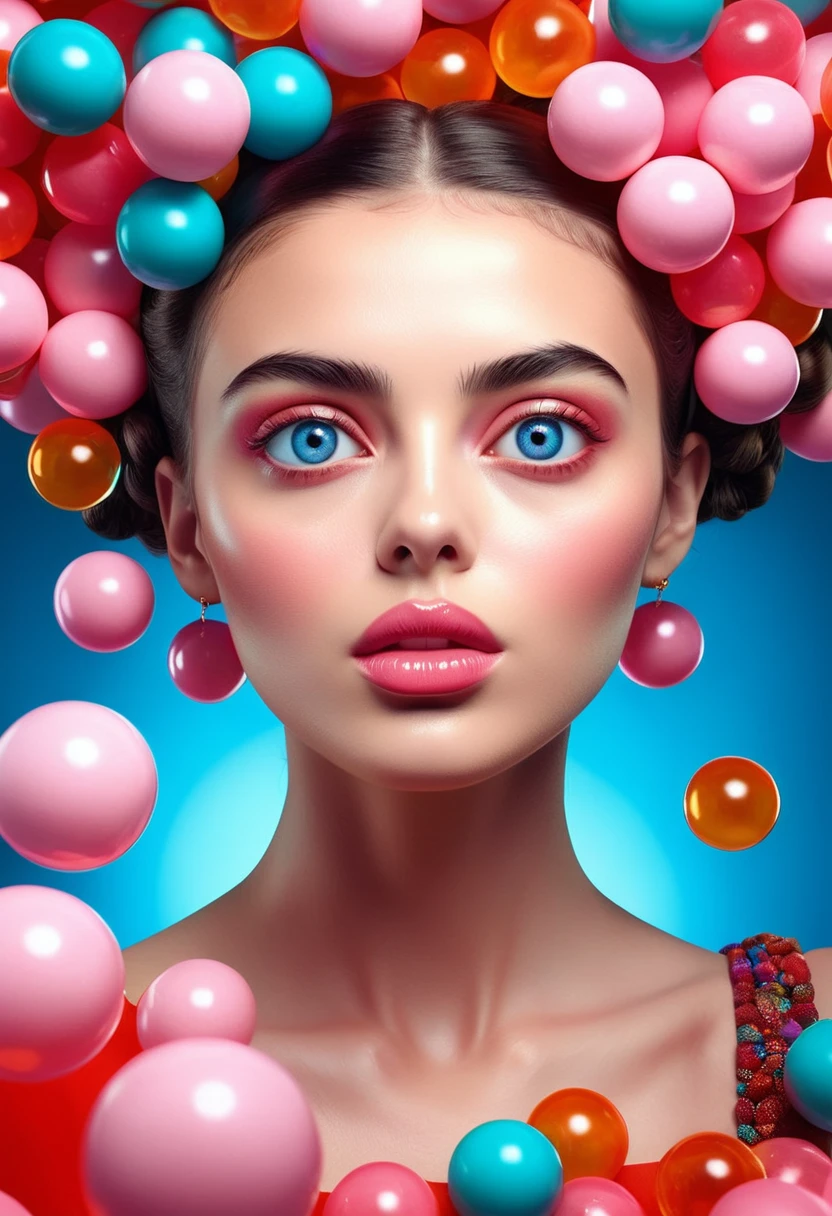A young woman in a surreal, dreamlike environment, with beautifully detailed eyes and lips, surrounded by floating French bubble gum, inspired by the art of Frida Kahlo, masterpiece, best quality, 8k, highres, ultra-detailed, photorealistic, vivid colors, studio lighting, professional