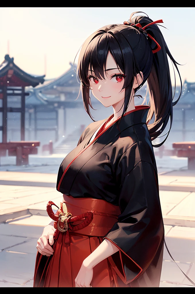 (masterpiece; best quality: 1.2), (finely detailed eyes: 1.3), ((25 year old woman)), ((solo)), (red eyes: 1.4), (body; lithe, toned, femenine: 1.3), (black hair in ponytail: 1.3), (beautiful and clear background: 1.2), ((depth of field)), (clothes: samurai attire + black-and-white hakama + red sash: 1.3), (anime illustration: 1.2), (background; old japanese castle exterior + night time: 1.1), (extremely fine and beautiful: 1.1), (shot composition; standing + centered on torso + close-up: 1.5), (expression; calm, smile: 1.2)