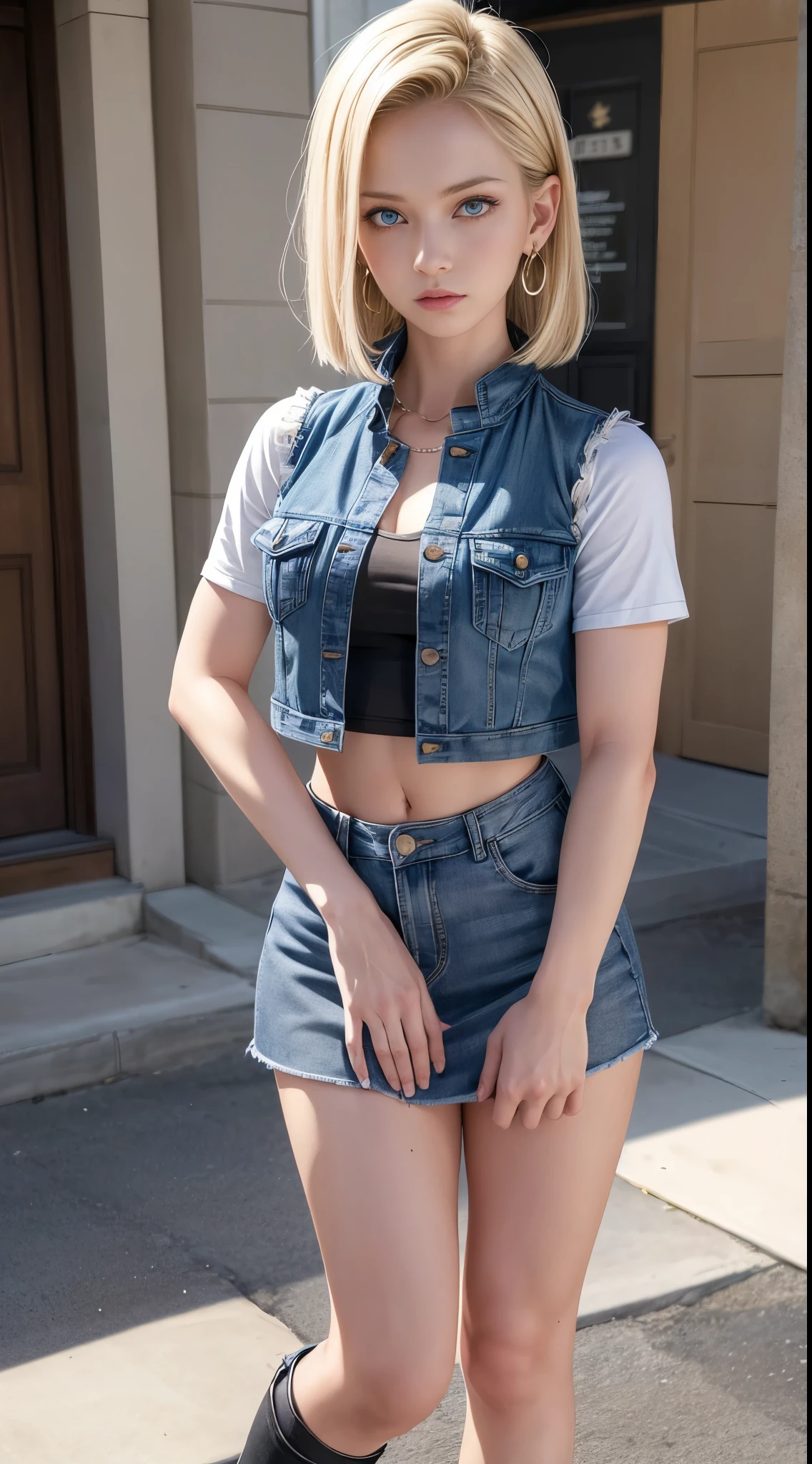 Best Quality, High Resolution, and18, 1girl in, Android 18, Solo, Blonde Hair, Blue Eyes, Short Hair, Earrings, Jewelry, Short Sleeve Denim Vest, Open Vest, Black Stockings, Jeans Miniskirt, Blue Mini Skirt, Sexy Heels , medium breasts, Cowboy Shot, Street, (full body shots), (externally expanded chest: 1.2)