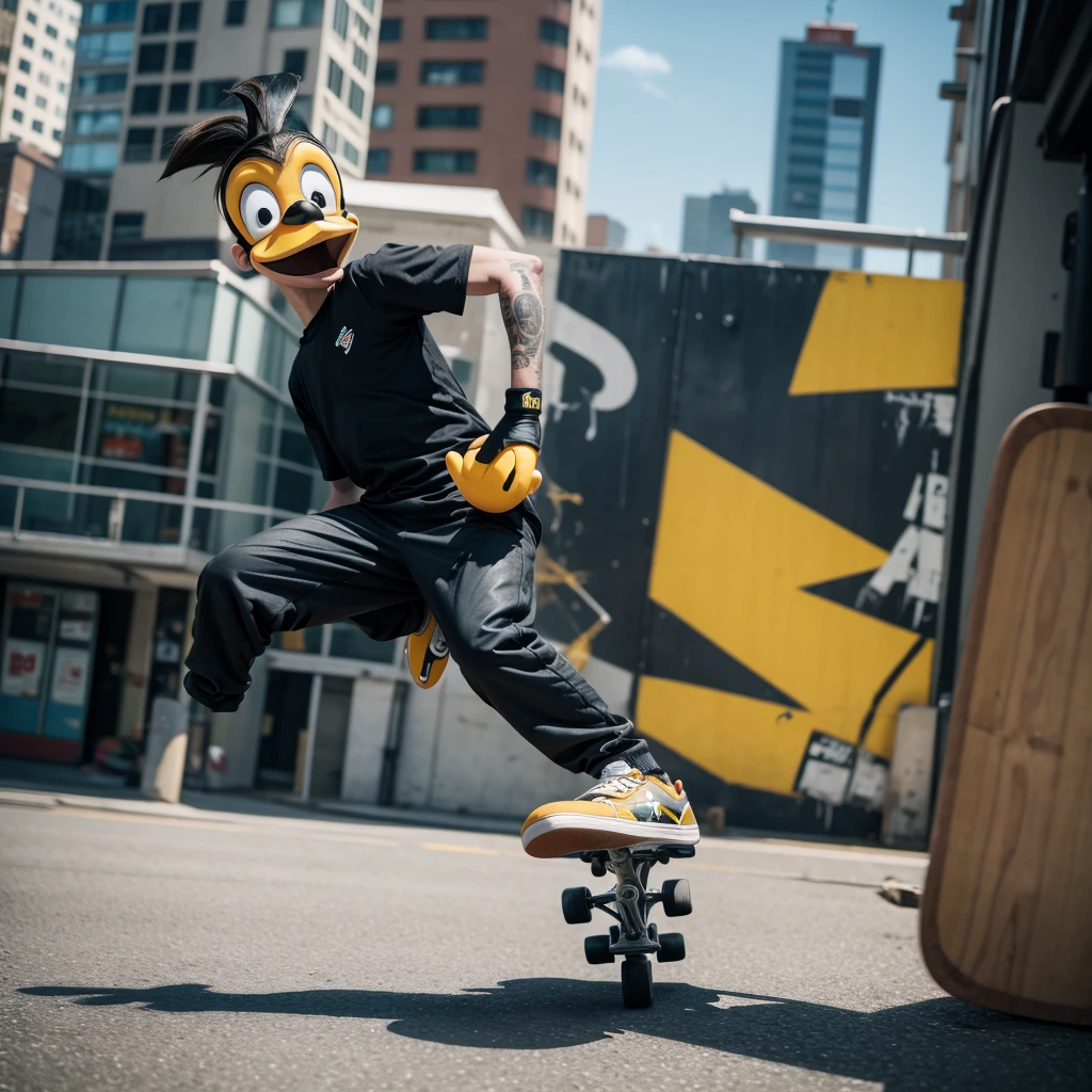 Daffy Duck with skateboard on his arm 