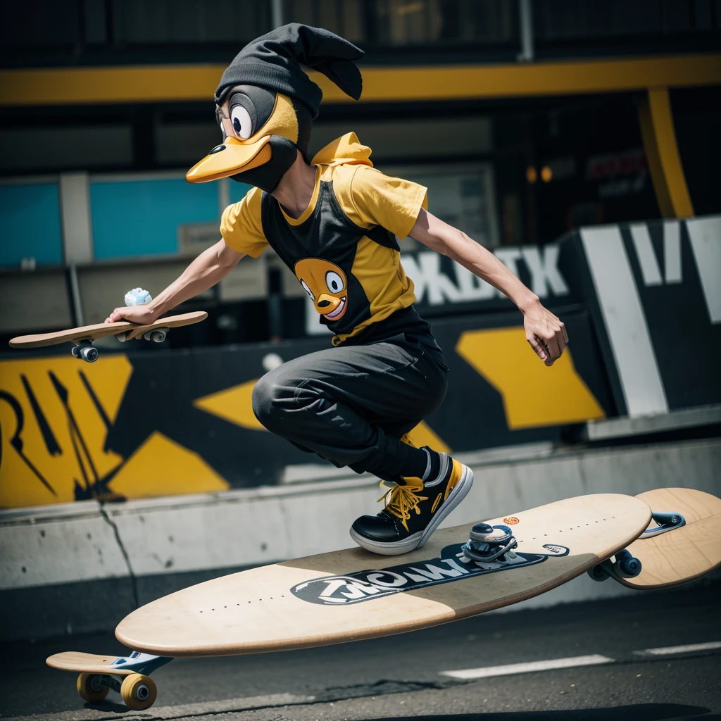 Daffy Duck with skateboard on his arm 