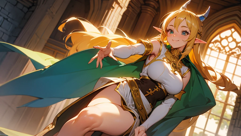 Anime Style,Nostalgic,Detailed background,The medieval world,Inside the bustling castle,Smiling bard beautiful elf girl,Large Breasts,Healthy thighs,Underarm