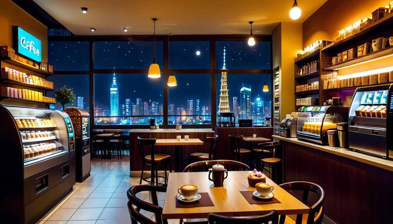 a cozy night time at a coffe interior with cozy lighting and sweets in the shelves. There are coffee cups in the tables. a cash machine and a coffee maker machine in the counter,There is a big window in the middle of the coffeeshop and the outside view is the city at night