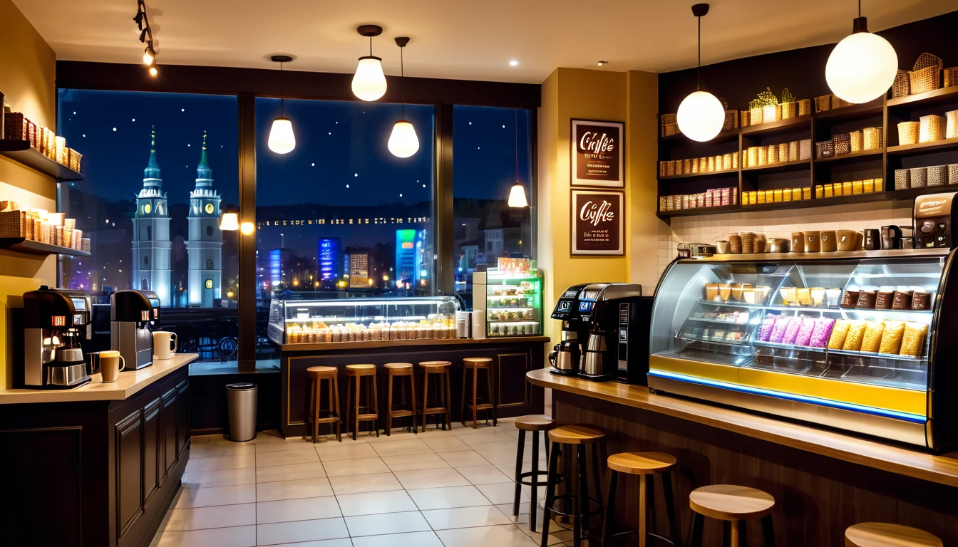 a cozy night time at a coffe interior with cozy lighting and sweets in the shelves. There are coffee cups in the tables. a cash machine and a coffee maker machine in the counter,There is a big window in the middle of the coffeeshop and the outside view is the city at night