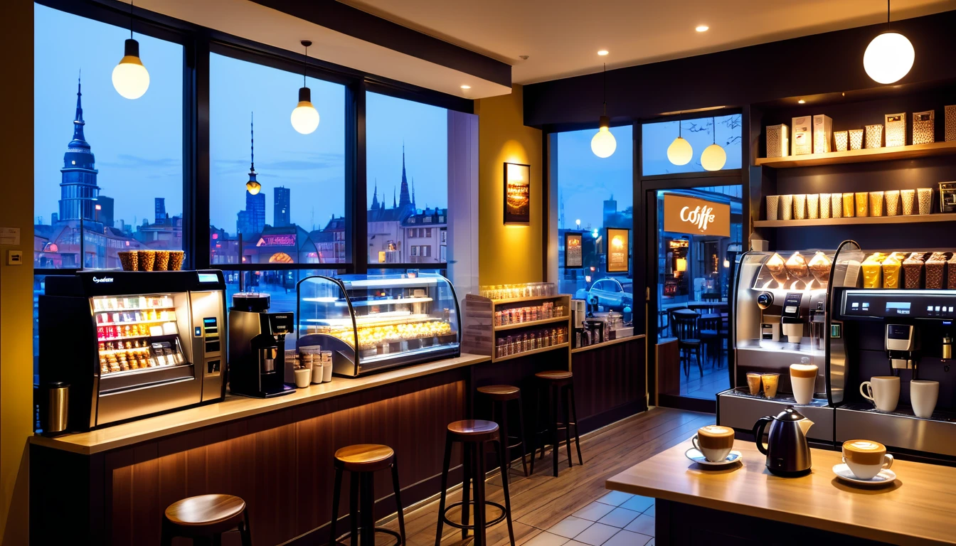 a cozy night time at a coffe interior with cozy lighting and sweets in the shelves. There are coffee cups in the tables. a cash machine and a coffee maker machine in the counter,There is a big window in the middle of the coffeeshop and the outside view is the city at night