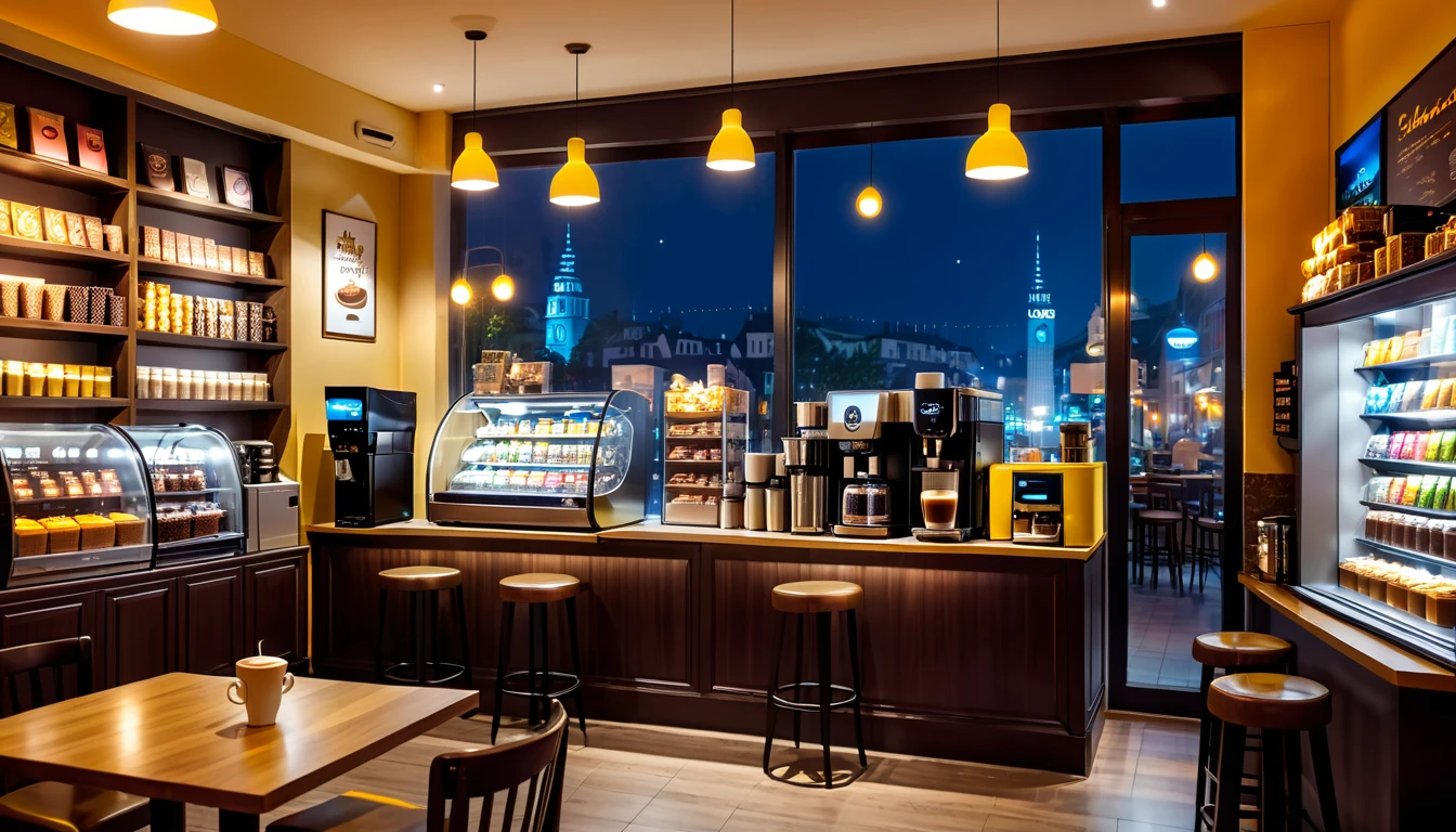 a cozy night time at a coffe interior with cozy lighting and sweets in the shelves. There are coffee cups in the tables. a cash machine and a coffee maker machine in the counter,There is a big window in the middle of the coffeeshop and the outside view is the city at night