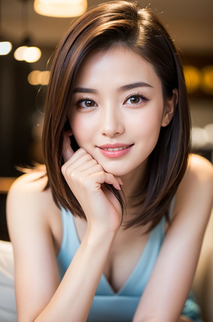 ((Highest quality)), ((masterpiece)), (Familiar), Perfect Face, masterpiece、Highest quality、High resolution、wallpaper、Realistic、Bright lighting、Professional Lighting、Face Light、Smooth lighting、Japanese women、20th Gen Midplate、so beautiful、Beautiful Skin、Beautiful and exquisite、Familiar顔、slim、moderately、short hair、Brunette colored hair、Brown eyes、Looking into the camera、Cafe sofa、 Commercial Photography, Beautiful Instagram influencer girls, The best smile,Daytime