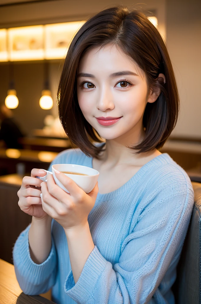 ((Highest quality)), ((masterpiece)), (Familiar), Perfect Face, masterpiece、Highest quality、High resolution、wallpaper、Realistic、Bright lighting、Professional Lighting、Face Light、Smooth lighting、Japanese women、20th Gen Midplate、so beautiful、Beautiful Skin、Beautiful and exquisite、Familiar顔、slim、moderately、short hair、Brunette colored hair、Brown eyes、Looking into the camera、Cafe sofa、 Commercial Photography, Beautiful Instagram influencer girls, The best smile,Daytime