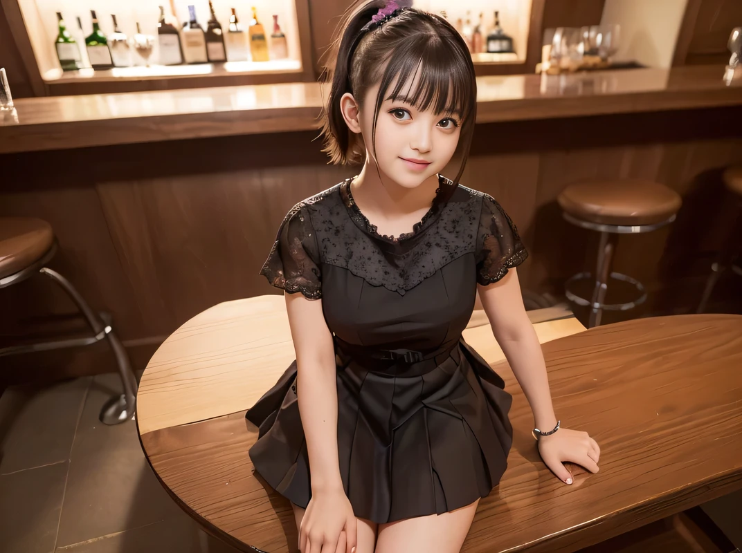 (Highest quality, masterpiece, Ultra-high resolution, 8K, RAW Photos, Realistic, Anatomically correct:1.5), 20-year-old girl:1.2, Embarrassing, avert your eyes, blush:1.0, View Viewer, ((Bar Lounge)) 、Night view、 Light:1.2, Bokeh, Cinema Lighting:1.0, Depth of written boundary, sharp、 Cute face、Idol、Black short sleeve lace top、Black pleated skirt、Black clothing、”dwarf”、(Floral clothes)、(Full Body Shot)、Side angle、Cowboy Shot、 smile、(Ultra short hair、Short ponytail)、(Straight bangs)、((See-through))、(( One Girl))、Large Breasts、