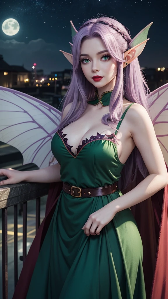 Irish woman, anime, modest, beautiful, high quality, night, 8k, long waist length light pale purple hair, green eyes, red lips, eyelashes, 1209 century dress, elf ears, large fairy wings