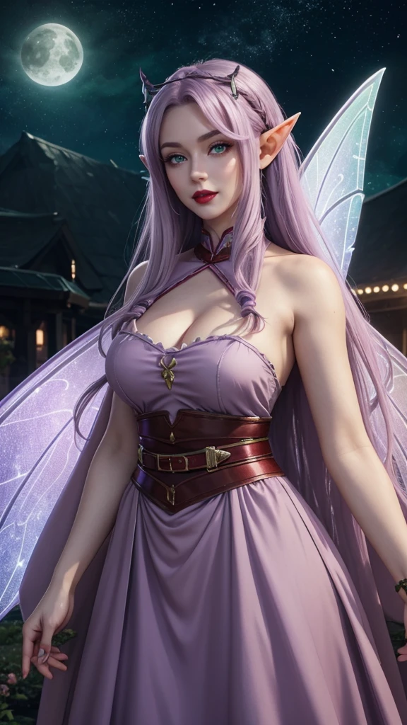 Irish woman, anime, modest, beautiful, high quality, night, 8k, long waist length light pale purple hair, green eyes, red lips, eyelashes, 1209 century dress, elf ears, large fairy wings