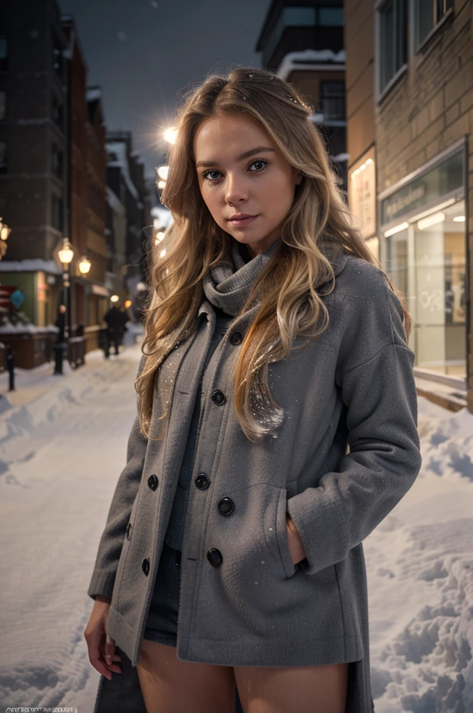 professional portrait photograph of a gorgeous Norwegian girl in winter clothing with long wavy blonde hair, sultry flirty look, gorgeous symmetrical face, cute natural makeup, wearing elegant warm winter fashion clothing, ((standing outside in snowy city street)), stunning modern urban environment, ultra realistic, concept art, elegant, highly detailed, intricate, sharp focus, depth of field, f/1. 8, 85mm, medium shot, mid shot, (((professionally color graded))), bright soft diffused light, (volumetric fog), trending on instagram, hdr 4k, 8k