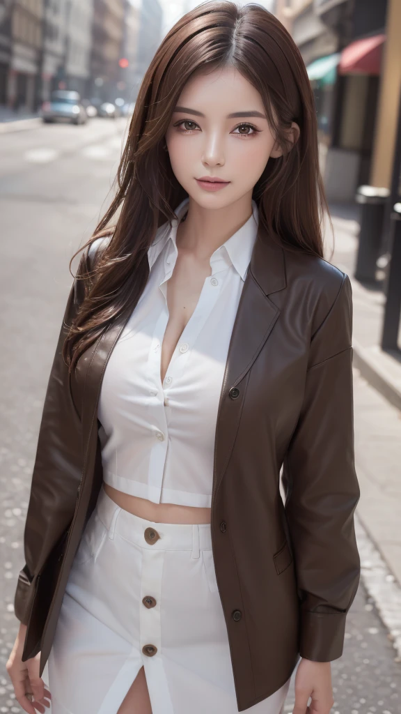 ((Highest quality, 8K, masterpiece :1.3)), Sharp focus :1.2, Beautiful woman with perfect figure :1.4, Slim Abs :1.2, ((Dark brown hair, :1.2)), (White button-up long shirt :1.1), City Street:1.2, Highly detailed face and skin texture, fine grain, double eyelid、Large Breasts、Cleavage、good