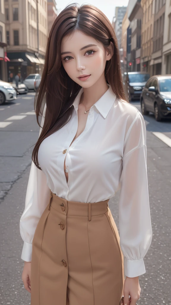 ((Highest quality, 8K, masterpiece :1.3)), Sharp focus :1.2, Beautiful woman with perfect figure :1.4, Slim Abs :1.2, ((Dark brown hair, :1.2)), (White button-up long shirt :1.1), City Street:1.2, Highly detailed face and skin texture, fine grain, double eyelid、Large Breasts、Cleavage、good