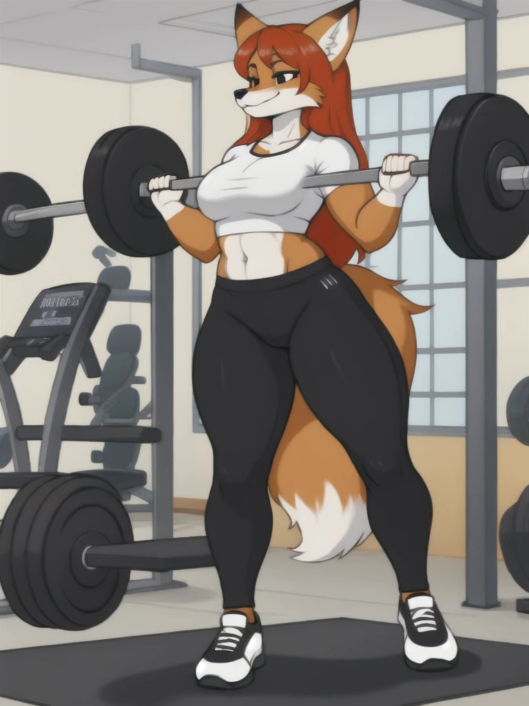 Furry, fox, female, white shirt, black leggings, shoes, gym, teen, standing, full body