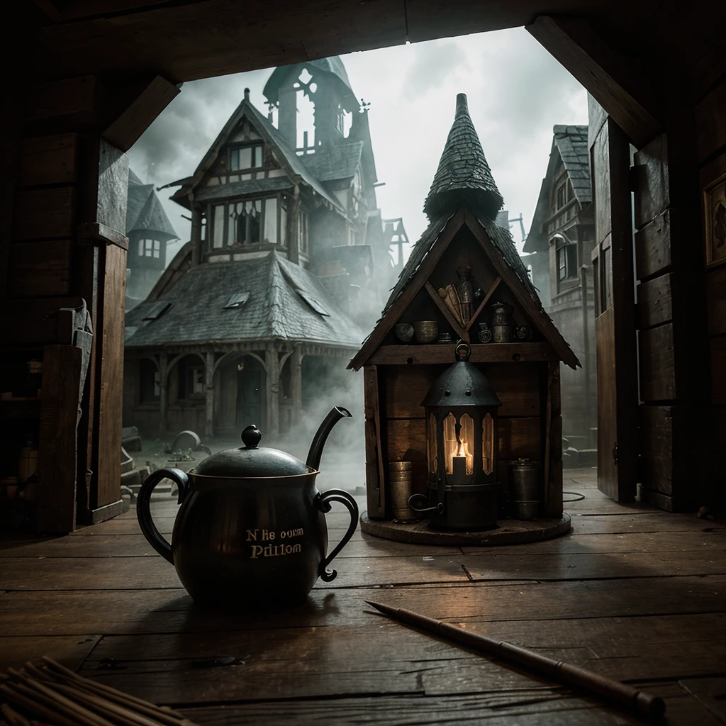 illustration for the tale of the wicked old witch, who brews a potion in her old gloomy house