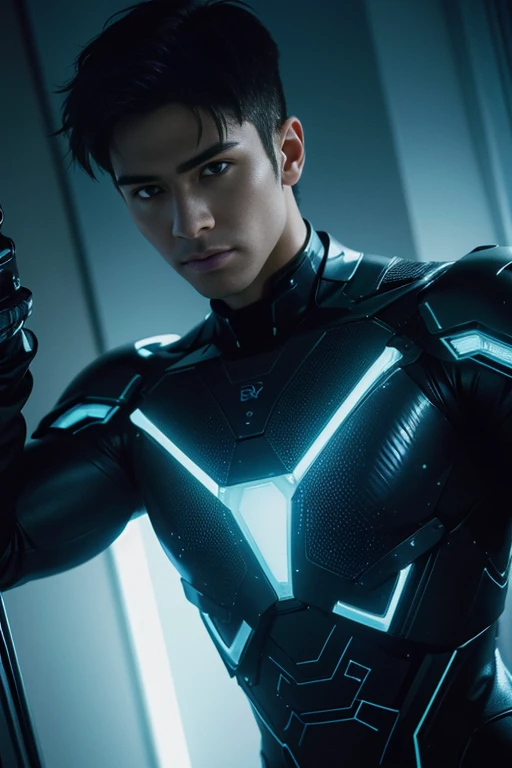 30 years old man, stubble, wearing transparent see-through futuristic clothes, breathtaking grandeur, LED internal lighting, cyberpunk style, fibre optic hair, glowing blue iris, muscular, best quality, masterpiece, intricate details, dynamic pose, dynamic angle, (surreal), (illustration), ((oil painting \(medium\):1.2)), sharp focus, soft lighting, vibrant colors, cinematic photography, dynamic angle, volumetric lighting, film grain, hard shadows