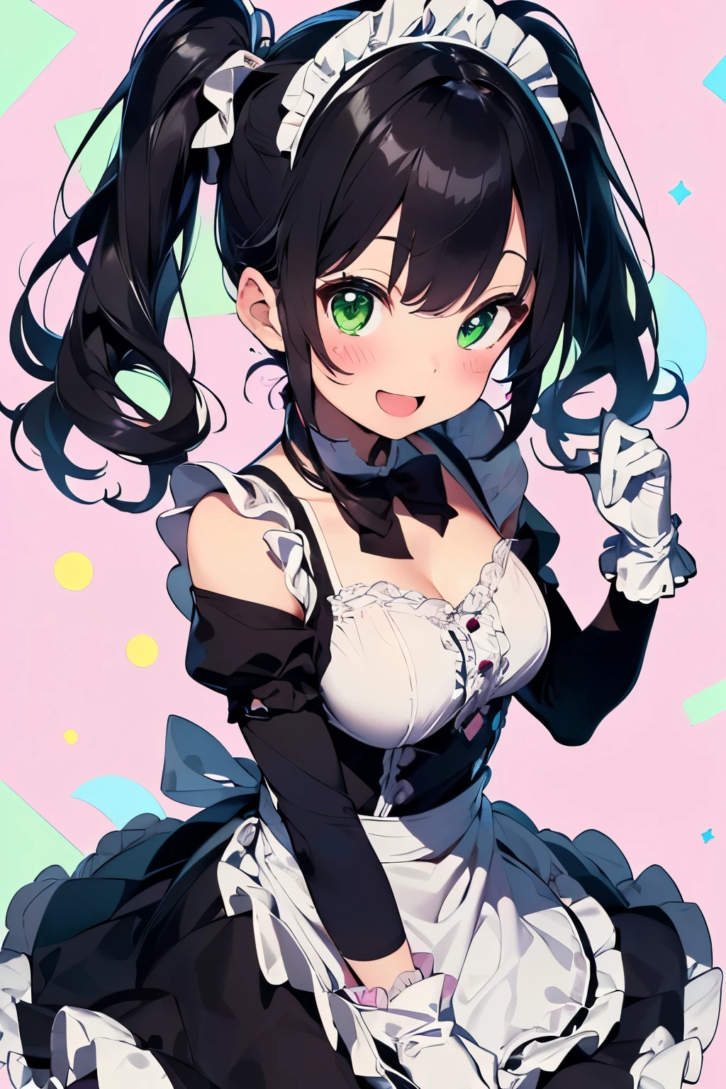maid motif,(brush),((cute,kawaii,wonderland)),((pastel color)),((Cute assortment)),(A big smile with an open mouth),((Active and energetic movements:1.1)),((Showa era maid outfit with lots of frills:1.3)),Shiny hair,(Natural Color),((Headdress:1.2)),(maid Cafe:1.25),(Black hair straight twin tails:1.25),(Green Eyes:1.1),(gloves、Gloves).