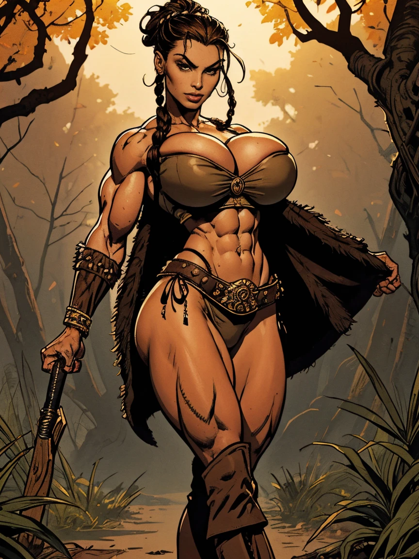 (masterpiece, top quality, best quality, official art, beautiful and aesthetic:1.2), (1girl:1.3), dark brown hair pulled back, topknot, braids, extremely detailed, portrait, looking at viewer, solo, (full body:0.6), detailed background, close up, facepaint, tribal tattoos, (warm summer Africa theme:1.1), view from below, seven feet tall, buff and busty giant barbarian queen, elegant face, long face, charlatan, smirk, mysterious, walking in savannah, revealing tribal attire, bare midriff, brown leather, fur lined clothes, long boots, buckles, straps, pouches, axes, tan fabric, brown leather, ((((gigantic breasts, skindentation, cleavage, flexing muscles)))), (muscular), strong, cute belly button, toned tummy, slim waist, slim hips, long legs, muscular legs, (savannah exterior:1.1) background, dark mysterious lighting, shadows, magical atmosphere, dutch angle
