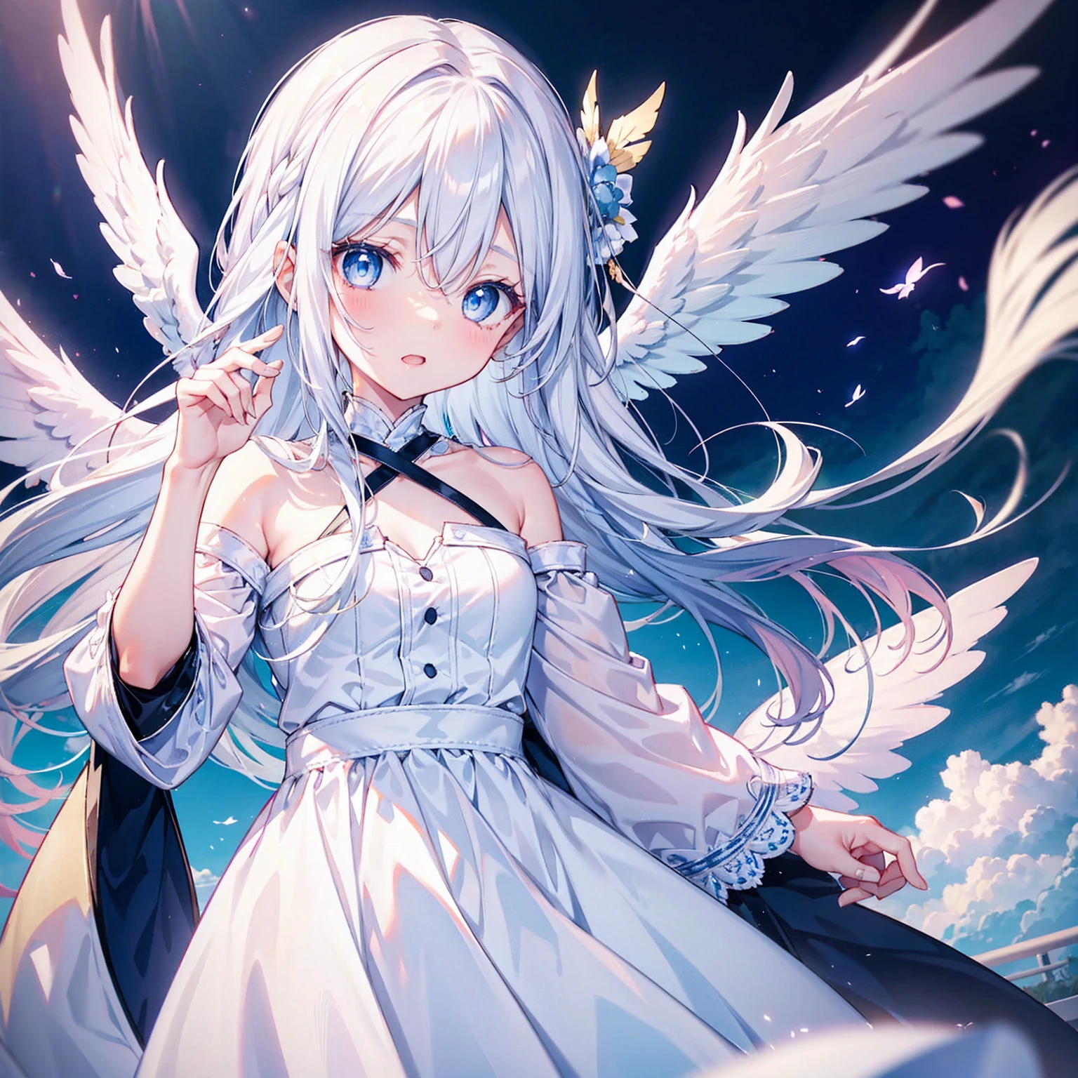 A pretty, cute girl with long white hair and blue eyes、14 Talents、Angel wings on the back、Mouth wide open and eyes wide open、comical、Bright expression、A pleasant surprise、A pure white dress, a current trend